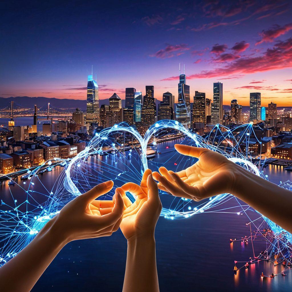 A vibrant network of interconnected hearts and data streams, symbolizing relationships powered by information. The background features a city skyline at dusk, with glowing nodes representing community connections. Hands reaching out towards each other, with data graphs swirling around, illustrating the impact of data on relationships. Soft, warm color palette to evoke feelings of love and connection. super-realistic. vibrant colors. 3D.