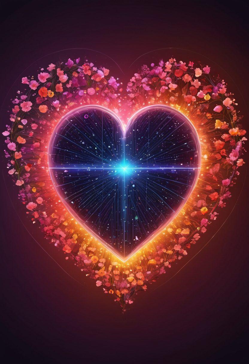 A heart formed from colorful data visualizations and analytics charts, symbolizing the fusion of love and data. Surround it with soft, glowy lights representing warmth and connection. Include subtle digital elements like binary code and graphs intertwining with floral motifs. The background should evoke a sense of romantic ambiance, blending technology with human emotion. vibrant colors. super-realistic.