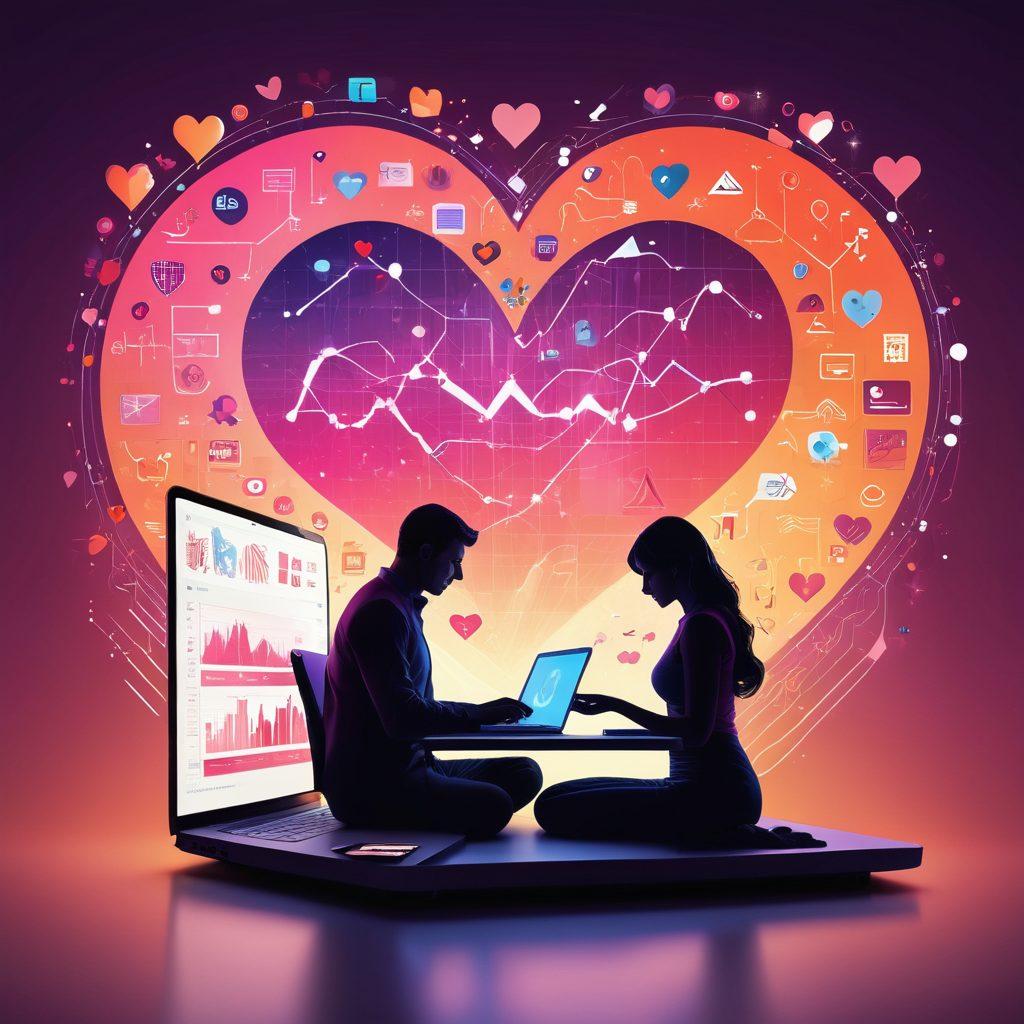 A whimsical representation of a heart-shaped data visualization overlayed with vibrant graphs and charts, symbolizing the fusion of analytics and romance. In the background, silhouettes of a couple connecting over a laptop, surrounded by floating icons of love and technology. Soft, warm colors to evoke feelings of love and connection. vector art. vibrant colors.